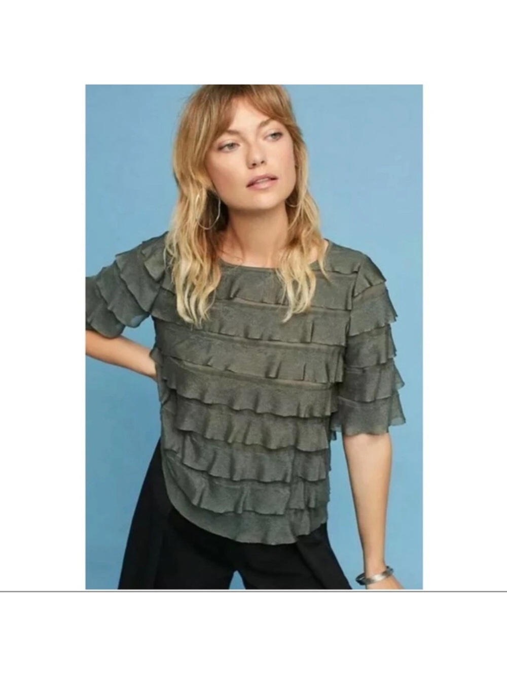 Anthro Vanessa Virginia Olive Tiered Ruffle Top